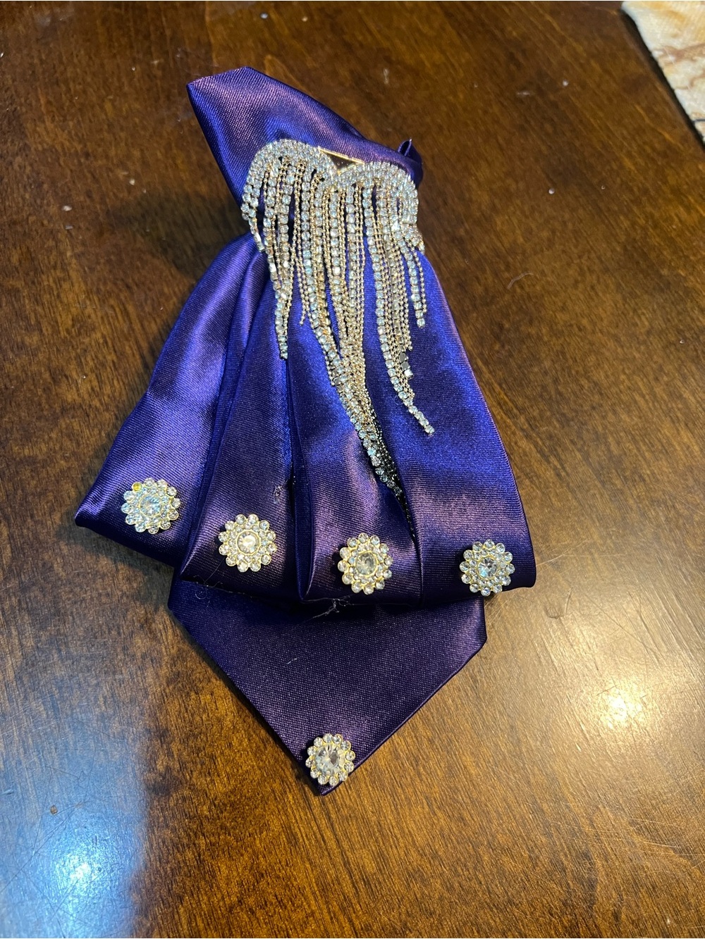 Rhinestone Fringe Brooch Pin on Purple Satin Tie